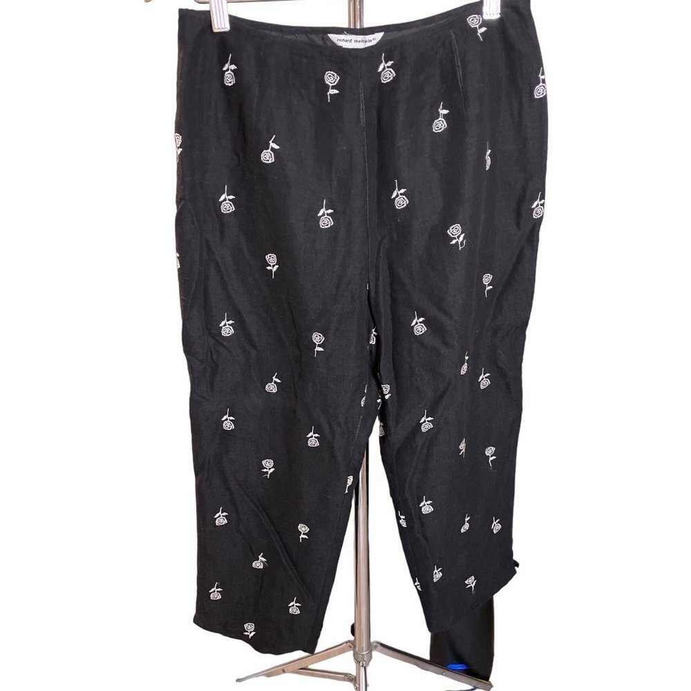Vintage 90s Richard Malcolm Black Cropped Flat Front Flower Embroidered Pants